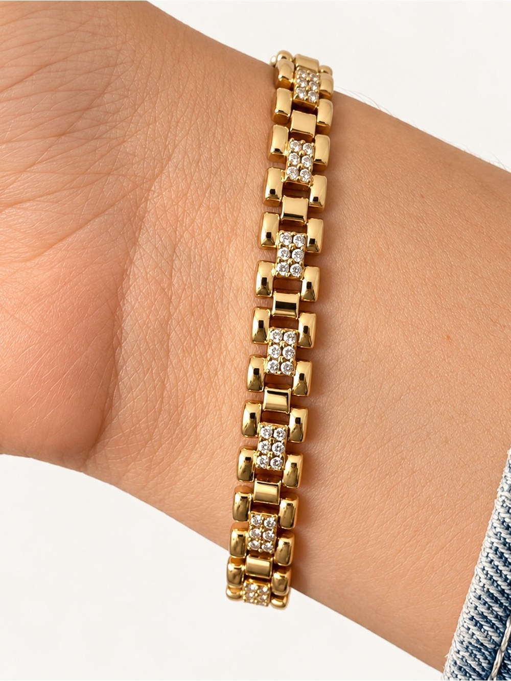 14K Gold Plated Real Zircon Watch Band Link Bracelet Statement Gold Jewelry